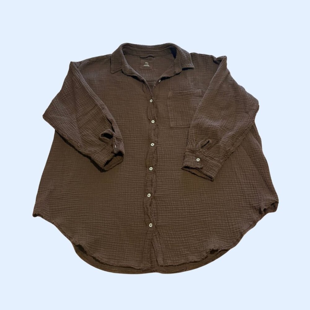 Aerie Gauzy Coverup Shirt ("Pool to Party" Button Down Shirt), Brown, Size L
